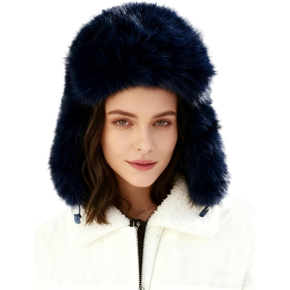 Women's Navy Blue Faux Fur Ski Trooper Winter With Earflap Classic Ushanka Cap